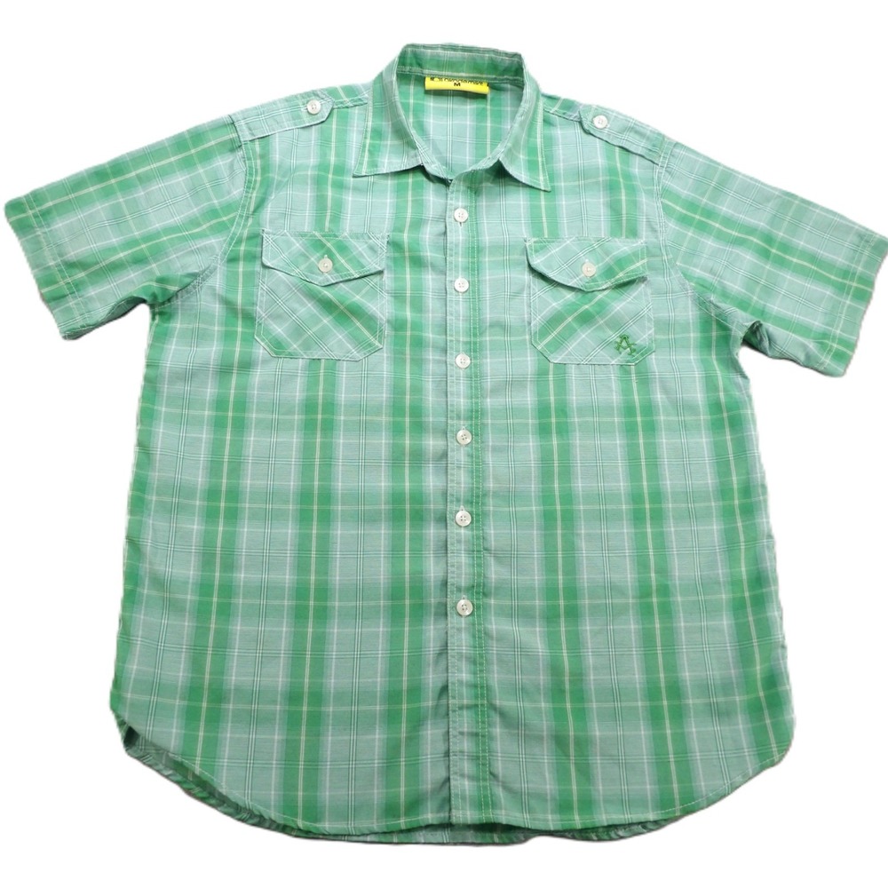 Akademiks Button Down Shirt Men Medium M Green Plaid Short Sleeve Casual Utility